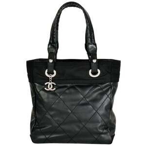 CHANEL Black Coated Canvas Logo Tote Bag